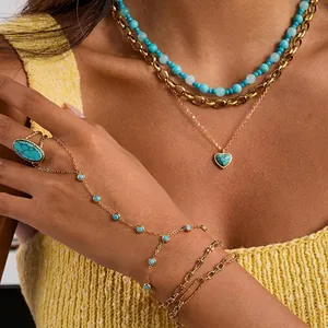 Edelstahl Künstlicher Türkis Schmuckset Herz Anhänger Halskette Boho Handschmuck Ovaler Offener Ring Vergoldet Damen Accessoires