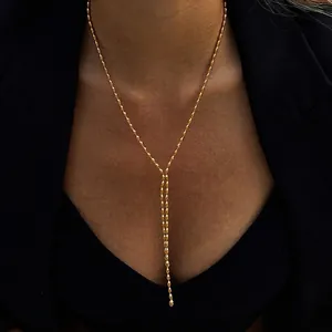 Minimalist Stainless Steel Bead Tassel Y-Necklace For Women Gold Plated Bead Lariat Chain Necklace Elegant Daily Jewelry