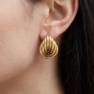 Boucles d'Oreilles Coeur en Acier Inoxydable Luxe pour Femmes Forme Larme Nervurée Or Bijoux de Mode