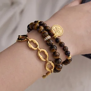 Bracelet Chaîne à Maillons Bicolore en Acier Inoxydable pour Femmes Imperméable Hypoallergénique Plaqué Or Oeil de Tigre Bijoux de Mode