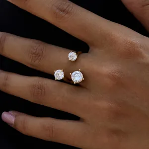 Elegant Stainless Steel Three Stone Zircon Open Ring Gold Plated Adjustable Minimalist Jewelry For Women Daily Party Wear