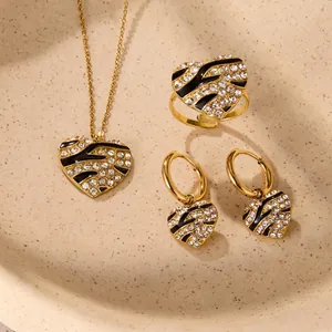 Luxury Stainless Steel Zebra Pattern Heart Earrings Rhinestone Enamel Gold Hoop Earrings Necklace Ring Jewelry For Women Party