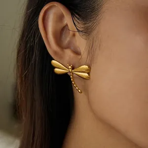 Boucles d'Oreilles Clous Libellule en Acier Inoxydable Vintage Finition Or Mat Bijoux d'Oreille Pour Femmes Fête Quotidienne