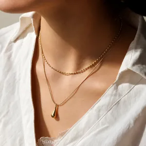 Minimalist Stainless Steel Double Layered Necklace Gold Plated Waterdrop Pendant Snake Bead Chain Necklaces For Women Jewelry