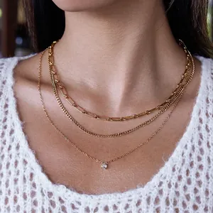 Collier à Trois Rangs en Acier Inoxydable pour Femmes Plaqué Or Chaîne à Trombones avec Pendentif en Zirconia Bijoux Cadeau