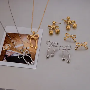 Stainless Steel Bowknot Cherry Jewelry Necklace Earrings For Women Gold Silver Rhinestone Heart Pendant Sweet Fashion Accessory