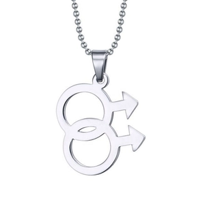 Collier en acier inoxydable poli avec symboles masculins entrelacés sur chaîne à billes