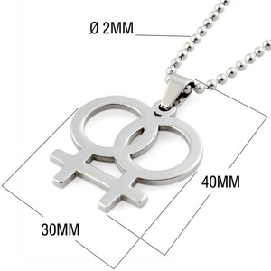Dimensions détaillées du pendentif double symbole Vénus en acier argenté avec chaîne