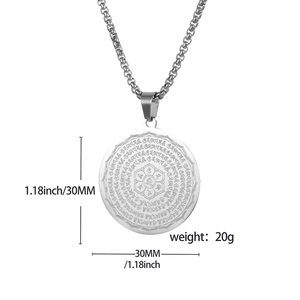 Stainless steel Buddhist scripture medallion necklace with engraved mandala pendant
