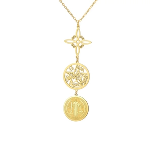 Detail of gold-plated layered necklace with cross, pentagram, and St. Benedict coin pendants