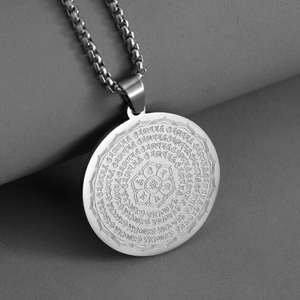 Buddhist stainless steel necklace with round lotus pendant and Sanskrit engraving