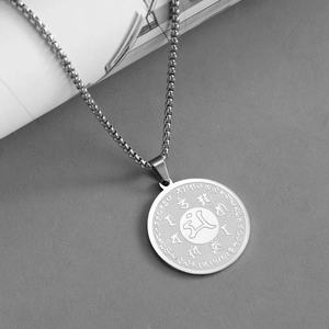 Vintage stainless steel round Buddhist pendant necklace with Sanskrit engravings