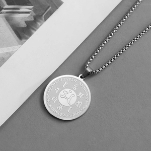 Vintage stainless steel Buddhist pendant necklace with engraved Tibetan scripture and box chain