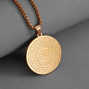 Vintage golden stainless steel Buddhist mantra necklace with lotus medallion pendant and box chain
