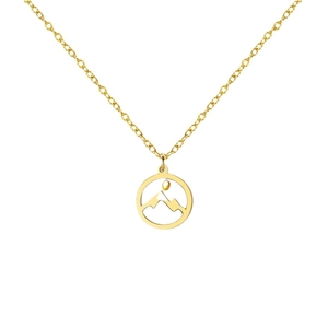 Minimalist gold mustard seed necklace featuring hollow sun and mountain circle pendant