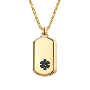 Goldene Edelstahl Erkennungsmarke Halskette mit schwarzem Star of Life Warnsymbol