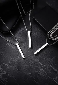 Detailed view of solid titanium steel rectangular pendant necklace in silver finish