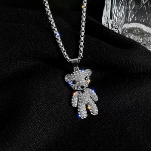 Collier Pendentif Ours en Peluche Strass en Acier Inoxydable Longue Chaîne de Pull pour Femmes Bijoux de Mode Cadeau