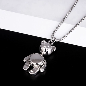 Movable Limbs Bear Pendant Titanium Steel Long Chain Necklace For Women Men Punk Hip Hop Streetwear Jewelry Silver Color