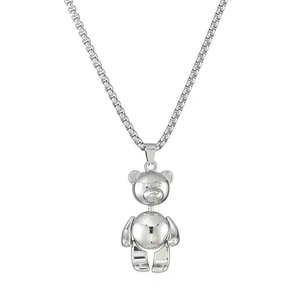 Silver polished 3D moving bear pendant with stainless steel box chain necklace