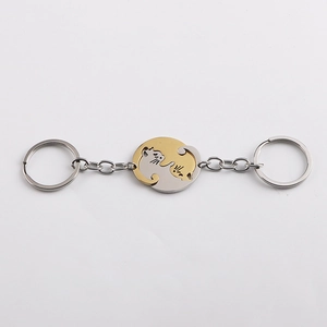 Couples stainless steel cat keychain set with interlocking heart puzzle in gold and silver