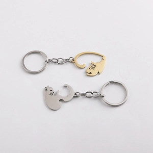 Polished gold and silver stainless steel cat puzzle keychains for couples