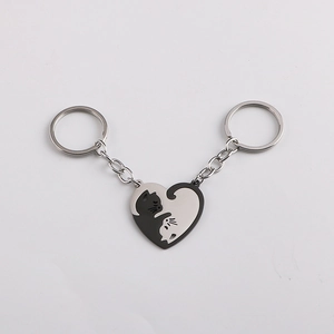 Stainless Steel Interlocking Cat Keychain Set For Couples Heart Circular Yin Yang Kitten Matching Keyrings Jewelry Gift