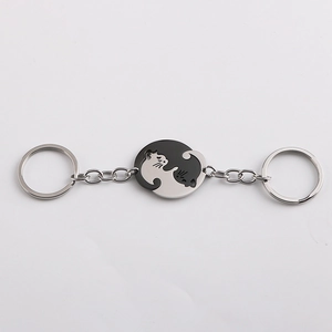 Matching Yin Yang cat stainless steel couple keychains in black and silver finish