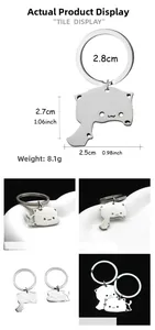 Detailed size dimensions of polished stainless steel cat couple keychains with weight info