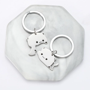 Stainless Steel Cartoon Cat Splicing Keychain Cute Hugging Lying Cat Pendant Key Ring For Couples Friends Gift Jewelry