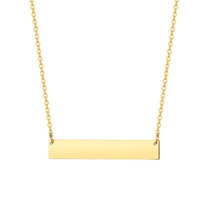 Detail shot of a minimalist gold horizontal bar pendant showing its smooth polished finish