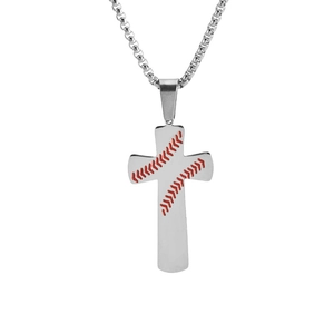 Collier croix de baseball minimaliste en acier inoxydable avec coutures rouges et chaîne