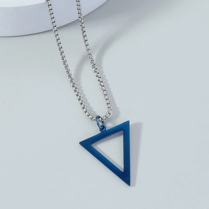 Minimalist stainless steel necklace featuring a dark blue hollow triangle pendant and silver chain