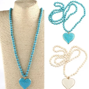 Bohemian Long Beaded Necklace With Large Turquoise Heart Pendant Alloy Golden Plated Edging Vintage Ethnic Jewelry For Women