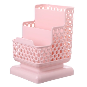 Pink 3-tier plastic desk organizer with hollow woven pattern and phone stand base