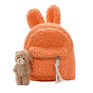 Sac à dos en polaire orange pour enfant avec oreilles de lapin et pendentif ours