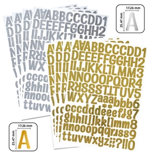Detail of 1-inch waterproof gold and silver glitter alphabet stickers showing 25.47mm height