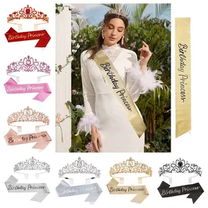 Birthday Princess Tiara And Sash Set Alloy Rhinestone Crown Glitter Sash For Women Girls Birthday Party Decorations