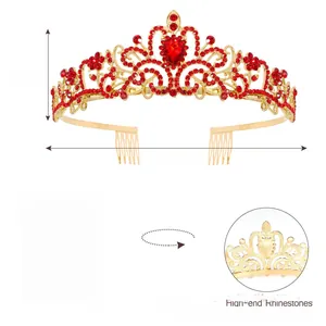 Detail of red rhinestone tiara with 1.5 inch height and 5.5 inch width dimensions