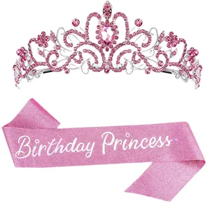 Pink Birthday Princess set with rhinestone tiara and glitter sash for party celebration