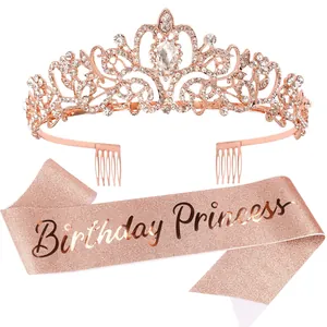 Rose gold birthday princess tiara and glitter sash set for party celebrations