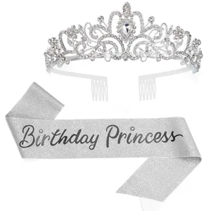 Detailed view of silver birthday princess tiara and glitter sash party accessories set