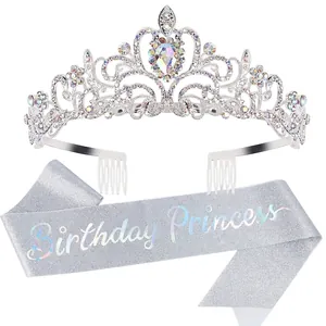Silver rhinestone birthday crown with matching glitter sash featuring princess text