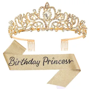 Birthday Princess set with sparkling gold crystal tiara and matching glitter sash decoration