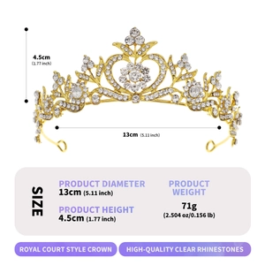 Vintage Baroque gold bridal tiara with white rhinestones measuring 13cm in diameter
