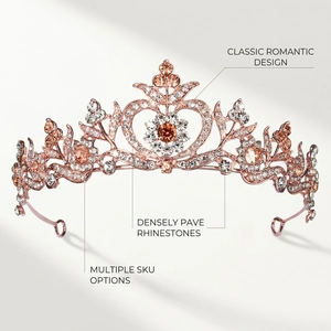 Close-up of rose gold bridal crown with densely paved white and champagne rhinestones