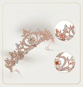 Detail of rose gold baroque crown featuring heart elements and champagne rhinestones