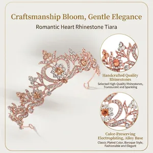 Baroque rose gold bridal tiara with heart rhinestones and amber crystal accents