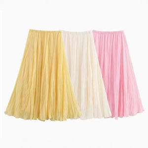 Gonna Maxi A Vita Alta Pieghettata Da Donna Vita Elastica Elegante Tinta Unita Poliestere Fluida Streetwear