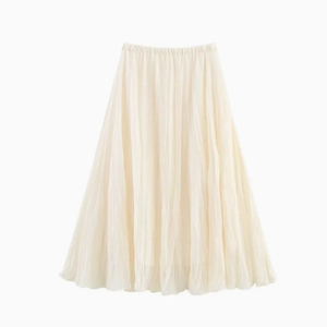 Elegante gonna lunga a pieghe color crema a vita alta con elastico e silhouette ad A